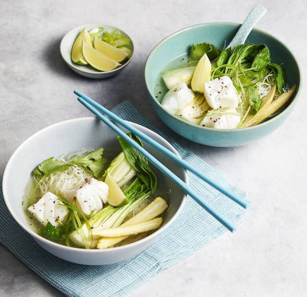 Cod noodle broth with pak choi and baby corn