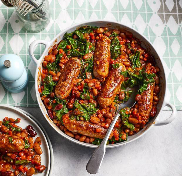 Sausage, mixed bean and kale casserole