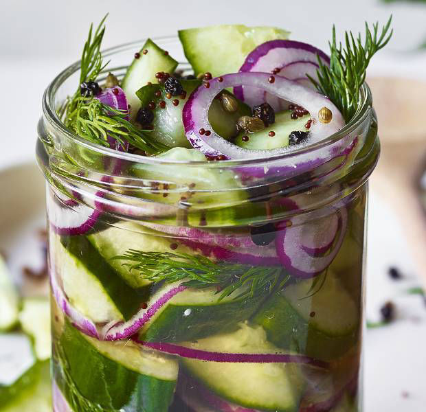Pickled cucumber & red onion with mustard seeds