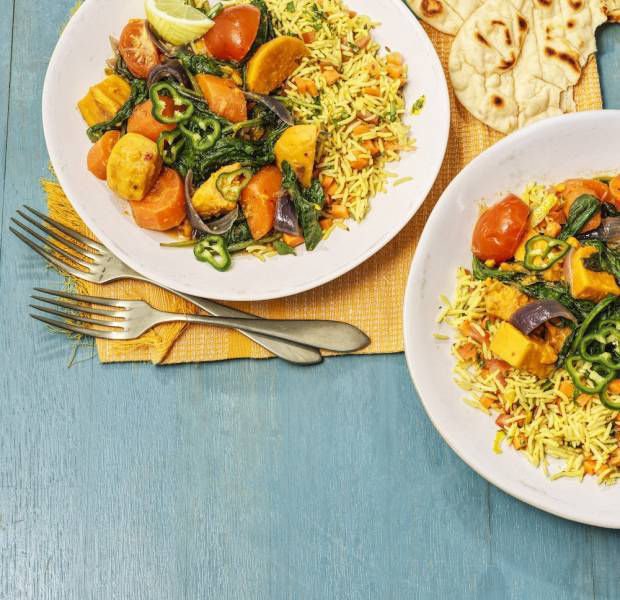 Sweet potato and spinach curry with jewelled rice