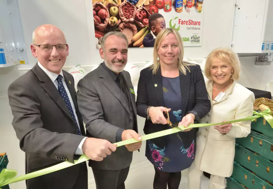 Asda chief customer officer Andy Murray with Lindsay Boswell and Simone Connolly from FareShare and charity patron Rosemary Conley