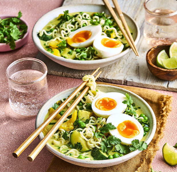 Summer coconut noodle soup with jammy eggs 
