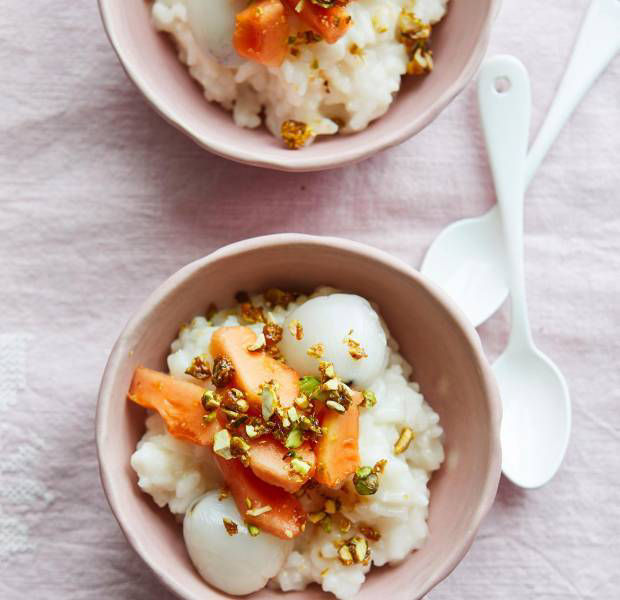 Papaya and lychee rice pudding