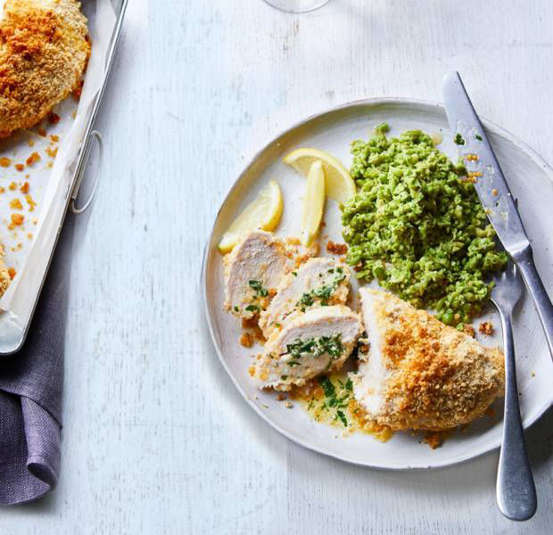 Chicken Kiev with smashed peas