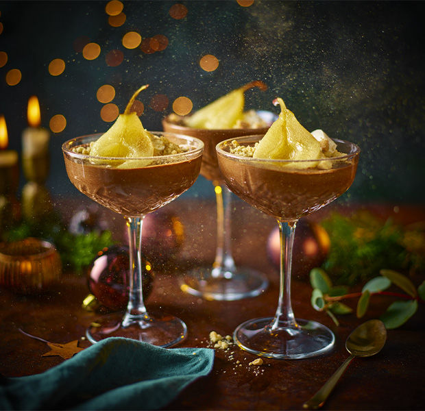 Dark chocolate mousse pots with poached pears