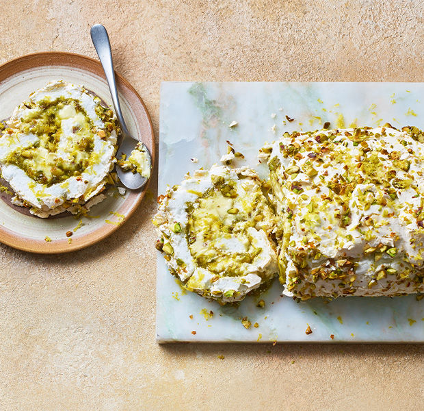 Pistachio and lemon curd roulade