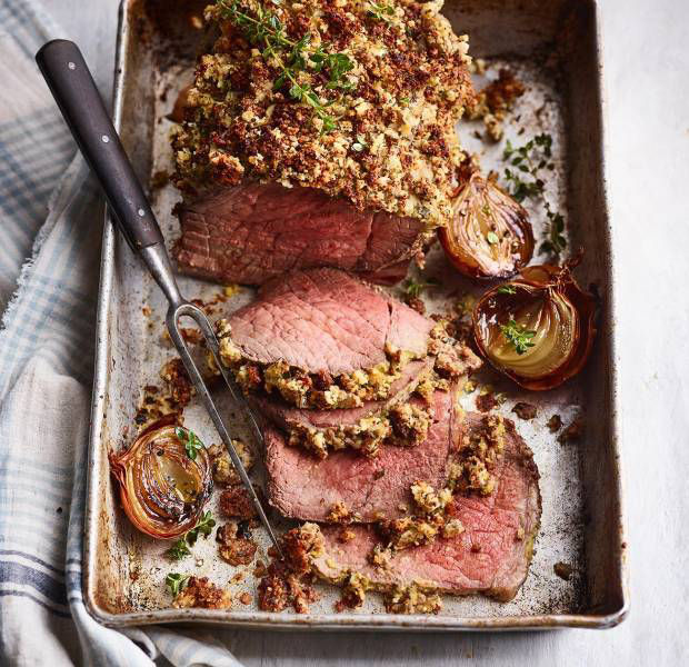 Roast beef with a mustard and Stilton crust