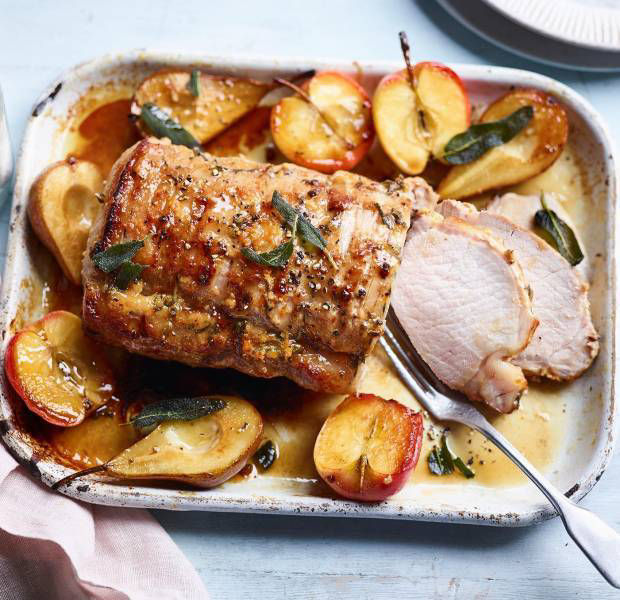 Maple-roasted pork loin with apples and pears