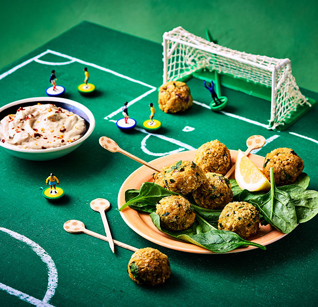 Baked falafel footballs with a fiery dip