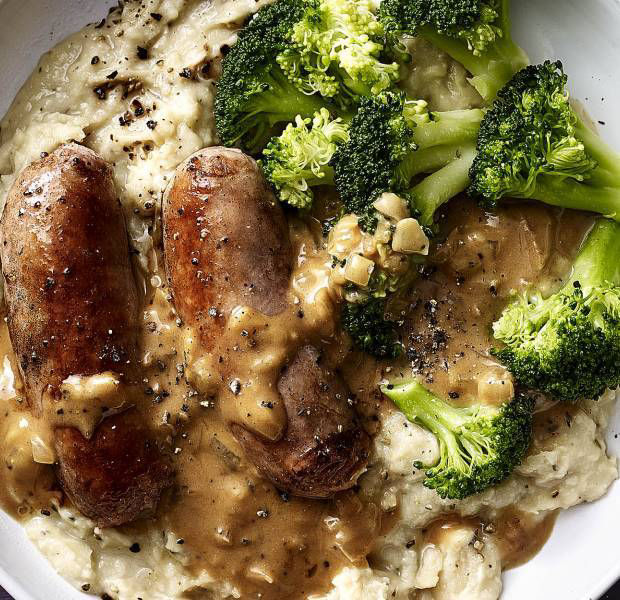 Beat the Budget's pork sausages with butter bean mash