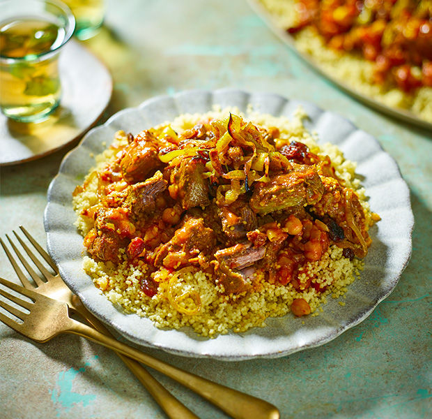 Moroccan couscous with beef and caramelised onions