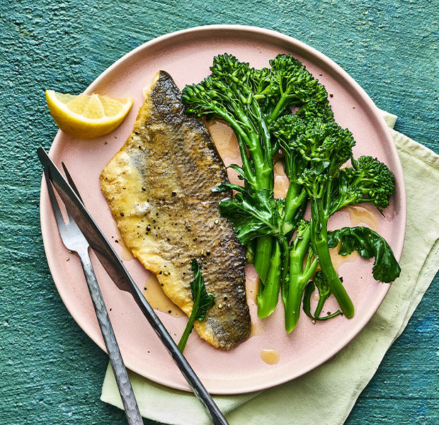 Pan-fried sea bass with broccoli and lemon butter