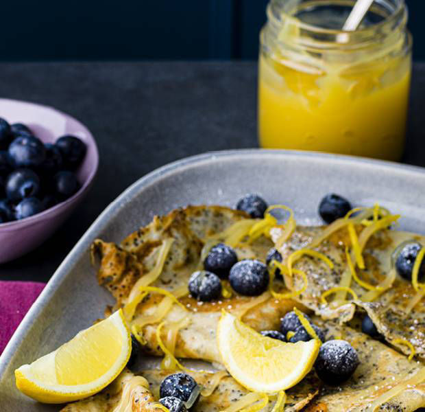 Lemon drizzle and blueberry poppy seed pancakes