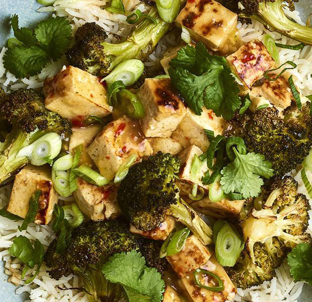 Sweet chilli tofu with soy broccoli and rice