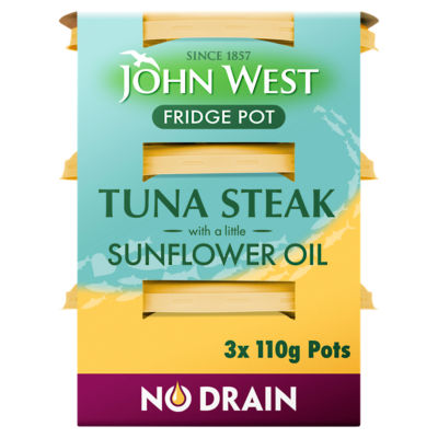 John West No Drain Fridge Pot Tuna Steak with a Sunflower Oil 3 Pack