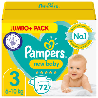 Pampers New Baby Size 3, 72 Nappies, 6kg-10kg, Jumbo+ Pack