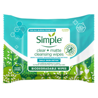 Simple Clear + Matte Biodegradable Wipes 20 Wipes