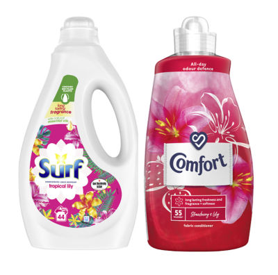Surf Tropical Lily Washing Liquid & Comfort Strawberry and Lily Conditioner Fragrance Bundle